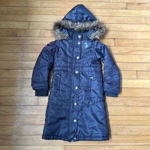 Baby Phat Girls Navy Blue Long Puffer Parka Jacket Faux Fur Hood Y2K 5/6